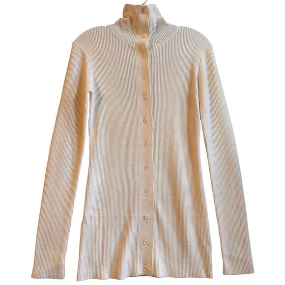 Thakoon‎ Merino Wool Ivory Button Up Turtleneck Cardigan Sz S Minimalist Preppy - Picture 1 of 16